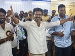 Tamilaga Vettri Kazhagam (TVK) chief and candidate from the Perambur constituency, Vijay, celebrates after the Tamil Nadu Assembly election results, in Chennai, Monday, May 4, 2026. 