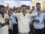 Tamilaga Vettri Kazhagam (TVK) chief and candidate from the Perambur constituency, Vijay, celebrates after winning in the Tamil Nadu Assembly elections results, in Chennai, Monday, May 4, 2026. Tamilaga Vettri Kazhagam (TVK) chief and candidate from the Perambur constituency, Vijay, celebrates after winning in the Tamil Nadu Assembly elections results, in Chennai, Monday, May 4, 2026.