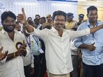 Tamilaga Vettri Kazhagam (TVK) chief and candidate from the Perambur constituency, Vijay, celebrates after winning in the Tamil Nadu Assembly elections results, in Chennai