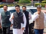 New Delhi: Rajya Sabha MPs Raghav Chadha, front, Sandeep Pathak, right, and Ashok Mittal leave after meeting President Droupadi Murmu. New Delhi: Rajya Sabha MPs Raghav Chadha, front, Sandeep Pathak, right, and Ashok Mittal leave after meeting President Droupadi Murmu.