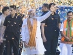 Prime Minister Narendra Modi and BJP president Nitin Nabin arrive to celebrate the victory in the asembly elections at the BJP HQ o in New Delhi, (RAJ K RAJ /HT PHOTO)