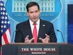 Secretary of State Marco Rubio speaks during a press briefing in the James Brady Press Briefing Room at the White House in Washington