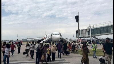 Around five to six passengers reportedly sustained minor injuries, including scratches and bruises, and received medical assistance at the airport. (HT Photo) Around five to six passengers reportedly sustained minor injuries, including scratches and bruises, and received medical assistance at the airport. (HT Photo)