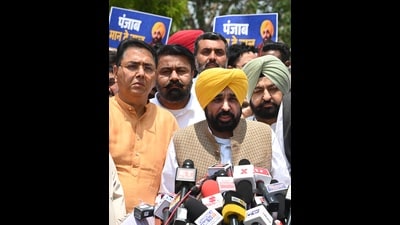 Punjab CM Bhagwant Mann along with AAP MLAs talking to mediapersons after meeting President Droupadi Murmu in New Delhi on Tuesday. (Vipin Kumar/ HT)