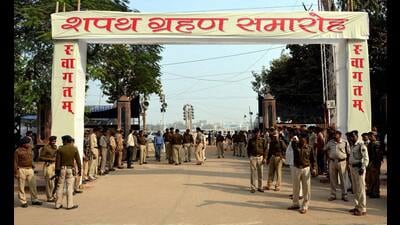 Tight security arrangements at the Gandhi Maidan for swearing-in ceremony of the Samrat Choudhary cabinet. (PTI) Tight security arrangements at the Gandhi Maidan for swearing-in ceremony of the Samrat Choudhary cabinet. (PTI)