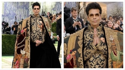 Karan Johar rocks a bold Manish Malhotra outfit with Raja Ravi Varma painting motifs at the 2026 Met Gala. Karan Johar rocks a bold Manish Malhotra outfit with Raja Ravi Varma painting motifs at the 2026 Met Gala.