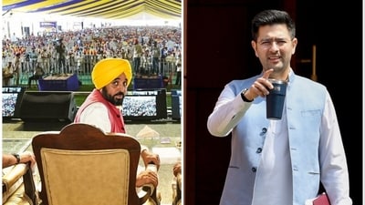 L: Punjab CM and AAP leader Bhagwant Mann | R: Raghav Chadha (ANI photos) L: Punjab CM and AAP leader Bhagwant Mann | R: Raghav Chadha (ANI photos)