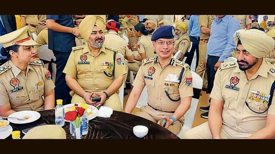 Punjab DGP Gaurav Yadav with other senior police officials in Ludhiana on Tuesday. (HT PHOTO)