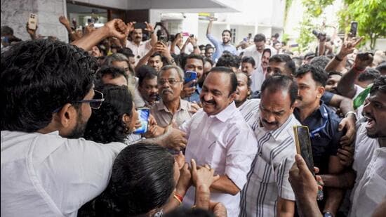 UDF candidate from Paravur constituency, VD Satheesan, with supporters in Thiruvananthapuram, Kerala, on Monday. (PTI)