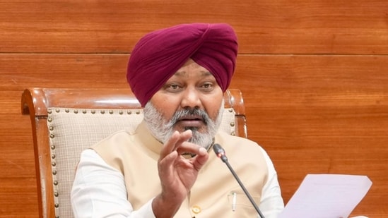 Punjab Finance Minister Harpal Singh Cheema addresses a press briefing in Chandigarh.