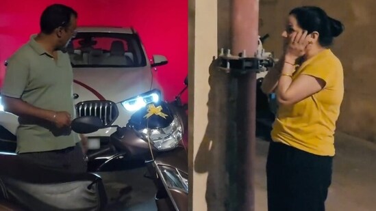 A techie revealed a BMW as a surprise gift for his parents, leaving them shocked. (Instagram/siddharthbhadauria)