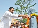 Janata Dal (United) leader Nishant Kumar pays tribute to the Maharshi Valmiki statue during the statewide "Sadbhav Yatra" at Valmiki Nagar, in West Champaran on Monday. 


