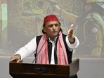 Akhilesh Yadav addressing a press conference at the Samajwadi party office in Lucknow.