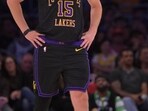 Los Angeles Lakers guard Austin Reaves (15) on the court in the first half against the Cleveland Cavaliers