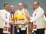 Bihar Governor Lt Gen Syed Ata Hasnain (Retd) being honoured during the 2nd convocation of All India Institute of Medical Sciences (AIIMS) in Patna on Wednesday. (Santosh Kumar /HT)