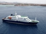 A drone view of the cruise ship MV Hondius, carrying passengers suspected of having cases of hantavirus on board, as it prepares to leave Praia, Cape Verde.