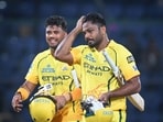 Sanju Samson (right) from Chennai Super Kings reacts after winning the match during the 2026 IPL match against Delhi Capitals