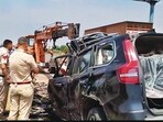 Police said the Mahindra Scorpio lost control while overtaking and collided with a truck during the rescue mission. (HT)