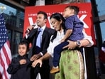 Republican Ohio gubernatorial candidate Vivek Ramaswamy, with his sons Karthik and Arjun, and his wife, Apoorva, at the Spruce St Sporting sports bar after winning the Republican Party’s nomination for governor on May 5. (AP)