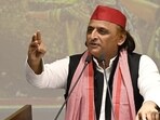 Samajwadi Party chief Akhilesh Yadav addressing media persons in Lucknow on Wednesday. (HT)