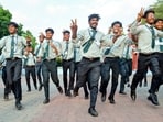 Students celebrate after the declaration of Jharkhand Academic Council (JAC) Class 12 (Intermediate) results 2026, in Ranchi, Wednesday (PTI)