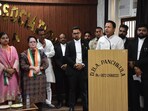 Surjewala addressing a gathering at the Panchkula Bar Association. (HT Photo)