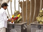 Tamilaga Vettri Kazhagam (TVK) chief Vijay pays tribute to the party's ideological leaders ahead of the party meeting, at party headquarters, in Chennai. 