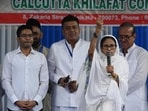 Trinamol Congress chairperson Mamata Banerjee speaks to people after special morning namaz on the occasion of Eid-Ul-Fitr on March 21 (HT File Photo/Samir Jana)