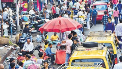 Mumbai, India- Feb 29, 2024: Hawkers on the footpath outside Dadar station area, in Mumbai, India, on Thursday, February 29, 2024. (Photo by Bhushan Koyande/HT Photo)