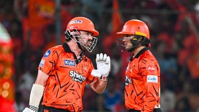 A typical fast start from Travishek – neither Travis Head nor Abhishek Sharma were able to motor and get the really big one, but both provided quickfire 30s to provide the early impetus. They provided the platform in the powerplay for the remaining batting to take advantage. (PTI) A typical fast start from Travishek – neither Travis Head nor Abhishek Sharma were able to motor and get the really big one, but both provided quickfire 30s to provide the early impetus. They provided the platform in the powerplay for the remaining batting to take advantage. (PTI)