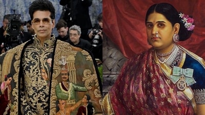 Karan Johar turned heads at the Met Gala in a stunning ensemble by Manish Malhotra, drawing inspiration from the timeless art of Raja Ravi Varma. (Instagram) Karan Johar turned heads at the Met Gala in a stunning ensemble by Manish Malhotra, drawing inspiration from the timeless art of Raja Ravi Varma. (Instagram)