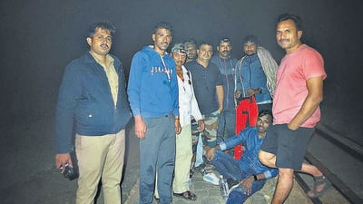 While navigating the grassy terrain near the cliff, Yogesh Mohan Shitole (centre) reportedly lost his footing and slipped, plunging into a deep gorge. (HT PHOTO) While navigating the grassy terrain near the cliff, Yogesh Mohan Shitole (centre) reportedly lost his footing and slipped, plunging into a deep gorge. (HT PHOTO)