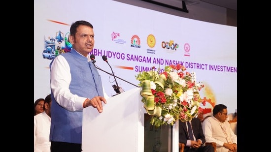 Fadnavis was addressing a gathering in Nashik during the ‘Kumbh Udyog Sangam and Nashik district Investment Summit’ ahead of the Simhastha Kumbh Mela. (HT PHOTO)