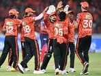 Sunrisers Hyderabad's players celebrate after the dismissal of Punjab Kings' captain Indian cricket player Shreyas Iyer during the 2026 Indian Premier League (IPL) T20 match 
