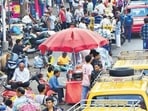 Mumbai, India- Feb 29, 2024: Hawkers on the footpath outside Dadar station area, in Mumbai, India, on Thursday, February 29, 2024. (Photo by Bhushan Koyande/HT Photo)