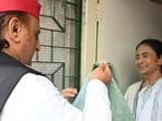 President of the Samajwadi Party Akhilesh Yadav meets AITC chairperson Mamata Banerjee at Kalighat. (HT Photo)
