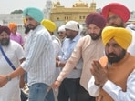 Punjab chief minister Bhagwant Mann paying obeisance at the Golden Temple during the Shukrana Yatra in Amritsar on Thursday. (Sameer Sehgal/HT)