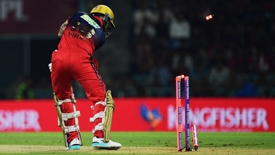 A start of truly dramatic proportions. Prince Yadav with a great swirling catch to remove Jacob Bethell, before taking the wicket of Virat Kohli with one of the great pieces of IPL bowling – an inswinger which moved late, snuck past the great's guard, and rung up his off-stump. (REUTERS)