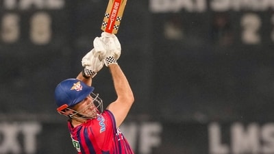 Mitchell Marsh was the aggressor in chief as LSG tried out a fifth opening combination in 10 matches this season. Opening with Arshin Kulkarni, who looked out of sorts, Marsh was anything but – hammering 9 fours and 9 sixes enroute to 111(56). (PTI) Mitchell Marsh was the aggressor in chief as LSG tried out a fifth opening combination in 10 matches this season. Opening with Arshin Kulkarni, who looked out of sorts, Marsh was anything but – hammering 9 fours and 9 sixes enroute to 111(56). (PTI)