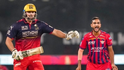 Shahbaz Ahmed was introduced late but created key impact with two massive wickets – removing the well-set Patidar, before also scalping Tim David. Regular wickets to keep LSG ahead, (PTI) Shahbaz Ahmed was introduced late but created key impact with two massive wickets – removing the well-set Patidar, before also scalping Tim David. Regular wickets to keep LSG ahead, (PTI)