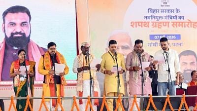 The first batch of five ministers, who took oath, included Shrawan Kumar, Vijay Kumar Sinha, Dilip Jaiswal, Lesi Singh and Nishant. (ANI photo) The first batch of five ministers, who took oath, included Shrawan Kumar, Vijay Kumar Sinha, Dilip Jaiswal, Lesi Singh and Nishant. (ANI photo)