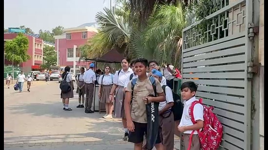 Students evacuated from Apeejay School as a precautionary measure after receiving bomb threats in Jalandhar on Thursday. (ANI video Grab)
