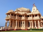 A view of the historic Somnath Temple, in Gir Somnath. (@AmitShah/Via ANI)