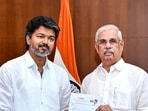 Chennai: Tamil Nadu Governor Rajendra Arlekar with Tamilaga Vettri Kazhagam (TVK) chief Vijay during a meeting, at Lok Bhavan, in Chennai, Wednesday. Chennai: Tamil Nadu Governor Rajendra Arlekar with Tamilaga Vettri Kazhagam (TVK) chief Vijay during a meeting, at Lok Bhavan, in Chennai, Wednesday.