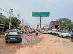 Pothole ridden patch on the Kharar-Landran stretch in Mohali. (HT PHOTO)
