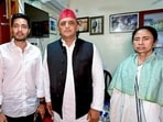 Samajwadi Party national president Akhilesh Yadav with Trinamool Congress chief Mamata Banerjee and Diamond Harbour MP Abhishek Banerjee, in Kolkata on Thursday. (ANI PHOTO)