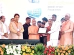 Uttar Pradesh chief minister Yogi Adityanath at a public event in Saharanpur district on Thursday. (HT)