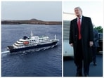 A drone view of the cruise ship MV Hondius, carrying passengers suspected of having cases of hantavirus on board, leaves Praia, Cape Verde, May 6