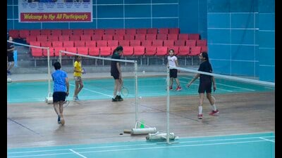Badminton players practising at Shastri hall in Ludhiana on Friday. (HT Photo) Badminton players practising at Shastri hall in Ludhiana on Friday. (HT Photo)