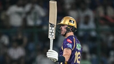 Allen started in a farily watchful manner, striking 20 off his first 18 balls. From there, it was carnage – his next 29 deliveries producing 80 runs as he exploded with 10 sixes, in particular taking a liking to the leg-spin of Kuldeep and Vipraj. Reached his century and won KKR the match with a six, in style. (AFP) Allen started in a farily watchful manner, striking 20 off his first 18 balls. From there, it was carnage – his next 29 deliveries producing 80 runs as he exploded with 10 sixes, in particular taking a liking to the leg-spin of Kuldeep and Vipraj. Reached his century and won KKR the match with a six, in style. (AFP)